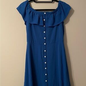 8P Bright blue Roz & Ali dress. Reg./off shoulder. Doub. lined w/ buttons
